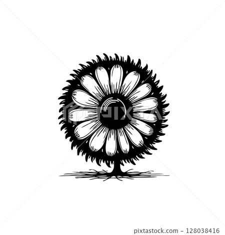 Black and White Daisy Tree Illustration, Isolated Nature Graphic Design Concept Black and White Daisy Tree Illustration, Isolated Nature Graphic Design Concept 128038416