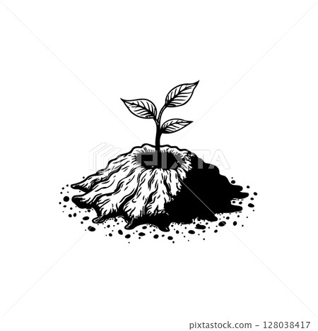 Illustrative depiction of a young plant sprouting from soil, symbolizing growth 128038417