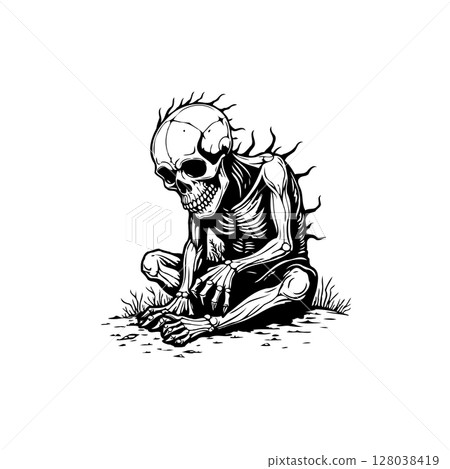 Disturbing portrayal of a skeletal figure conveying isolation and despair in monochrome 128038419