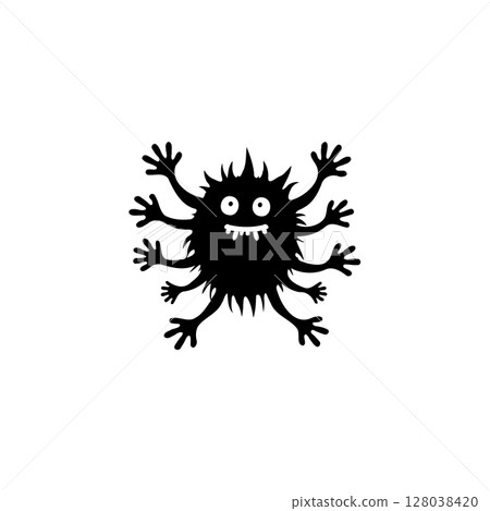 Whimsical black monster illustration with multiple arms and spiky body shape 128038420