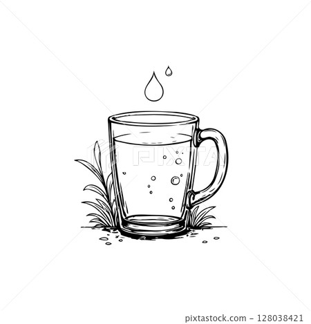 Line Art Illustration of a Glass of Water with Droplets and Grass Accompanying It Line Art Illustration of a Glass of Water with Droplets and Grass Accompanying It 128038421