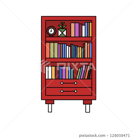 A red bookcase with a clock on top and a potted plant on the left side 128038471