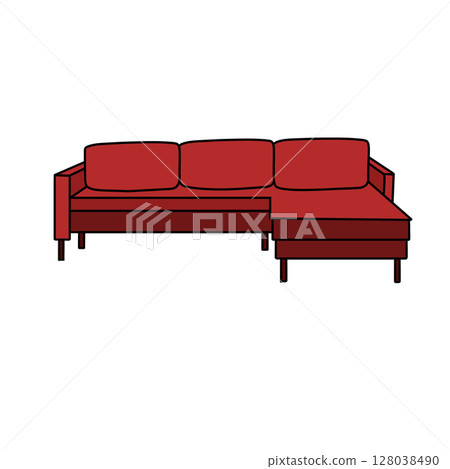 A red couch with three cushions A red couch with three cushions 128038490