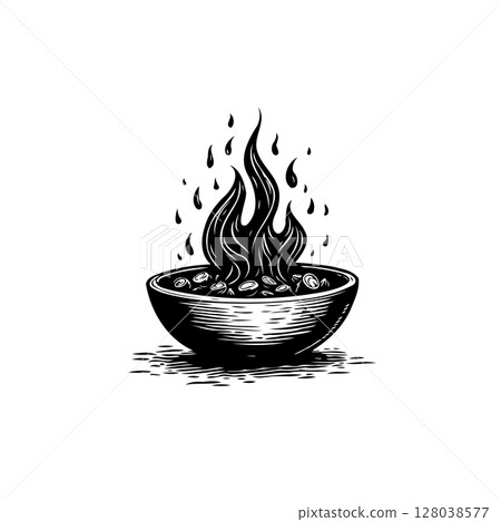 Intense Flames Emerging from a Bowl of Stones - A Striking Black and White Icon Intense Flames Emerging from a Bowl of Stones - A Striking Black and White Icon 128038577