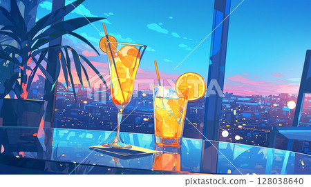 黃昏時分，在摩天大樓裡一邊喝檸檬水一邊欣賞夜景，度過浪漫的夜晚 128038640