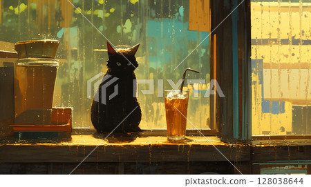 A summer afternoon illustration background of a black cat standing by a window after the rain and an iced drink 128038644