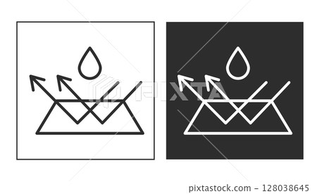 Waterproof icon water protection, surface protection from liquid. Line arrow and water drop. Weather protection symbol. Rainproof material. Simple resistant defence. 128038645