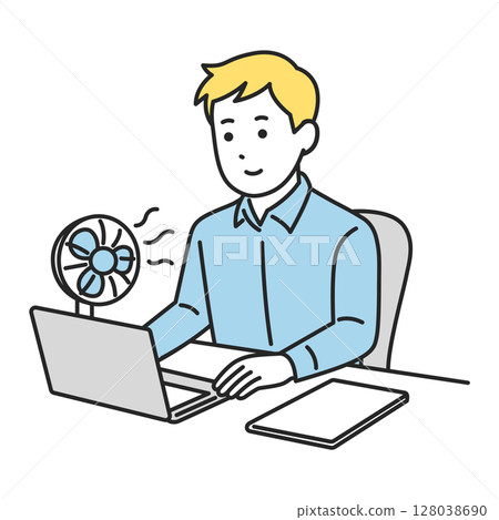 Man working at his desk with a fan (in a summer office) Man working at his desk with a fan (in a summer office) 128038690