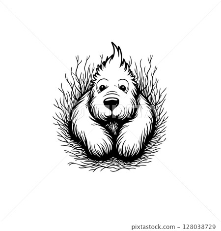 Charming Hand-Drawn Dog Illustration Surrounded by Twigs, Perfect for Whimsical Projects 128038729