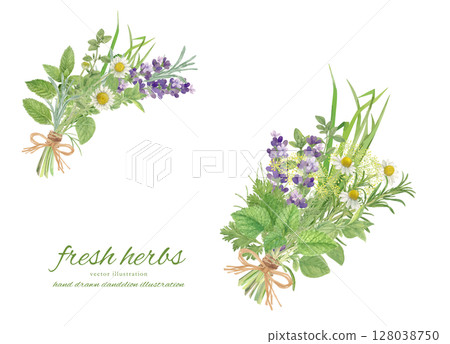 天然草本花束的水彩卡通畫 128038750