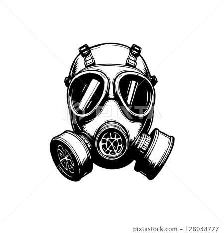 Intricate monochrome line art illustration of a full-face gas mask design Intricate monochrome line art illustration of a full-face gas mask design 128038777