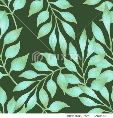 Seamless pattern with graceful turquoise leaves on green background. Watercolor botanical illustration. Hand drawn simple branches for textile design, packaging, wallpaper, fabric, bed linen. 128038800