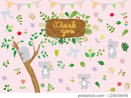 無尾熊、花朵、葉子和果實扁平素材集（附手寫文字）1 128038848