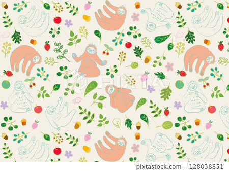 Heartwarming material pattern 1 of lazy people, leaves and fruits 128038851