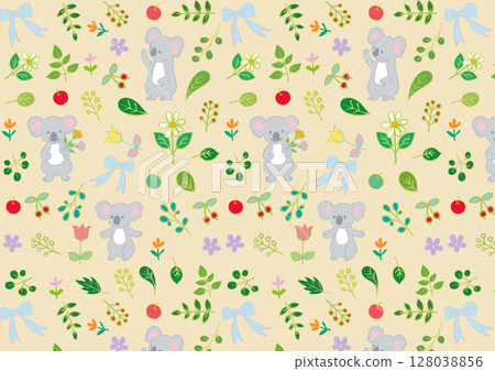 無尾熊、花、葉子和果實的平面圖案 1 128038856