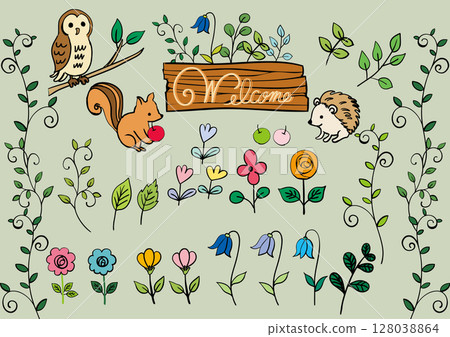 Scandinavian style forest animals, flowers and plants set material (with handwritten text) Scandinavian style forest animals, flowers and plants set material (with handwritten text) 128038864