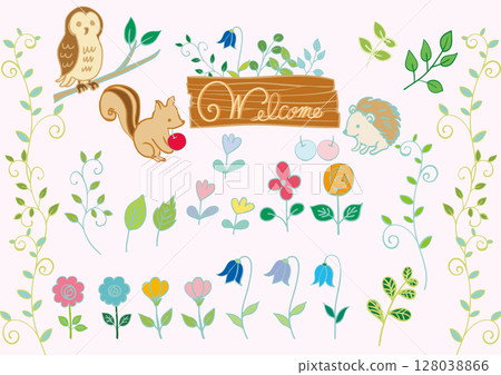 Scandinavian style forest animals, flowers and plants set material colorful (with handwritten text) 128038866