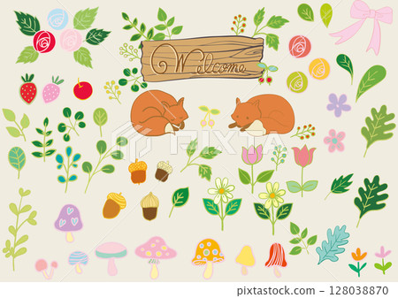 Scandinavian style forest animal fox and flower signboard material set colorful (with handwritten text) Scandinavian style forest animal fox and flower signboard material set colorful (with handwritten text) 128038870
