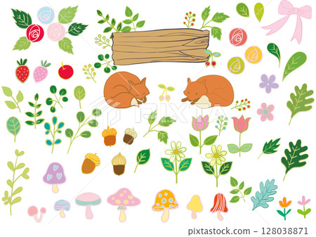 Scandinavian style forest animal fox and flower signboard material set colorful (no text) 128038871