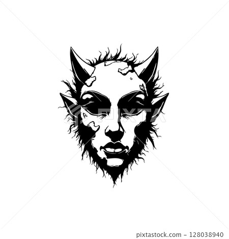 Intricate black and white illustration of a demonic face with horns and sharp features 128038940