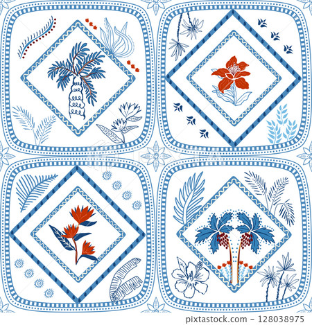 Blue summer ceramic tile seamless pattern. Vector tropical palm tree, jungle flowers, leaves, geometric square elements. 128038975