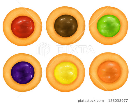 A set of colorful, round, crispy jam cookies that look like jewels 128038977