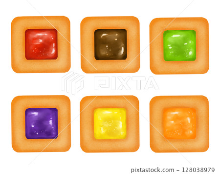 A set of crispy, colorful, square jam cookies that look like jewels 128038979