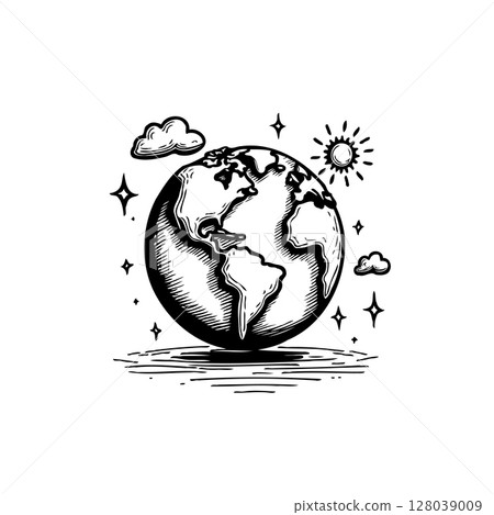 Hand-drawn Earth Illustration with Clouds and Sun, symbolizing global harmony and sustainability 128039009