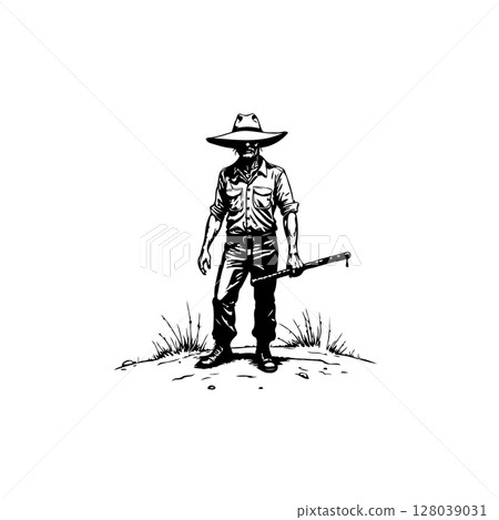 Outback wanderer: A vintage-style illustration of a man in a hat and cane Outback wanderer: A vintage-style illustration of a man in a hat and cane 128039031