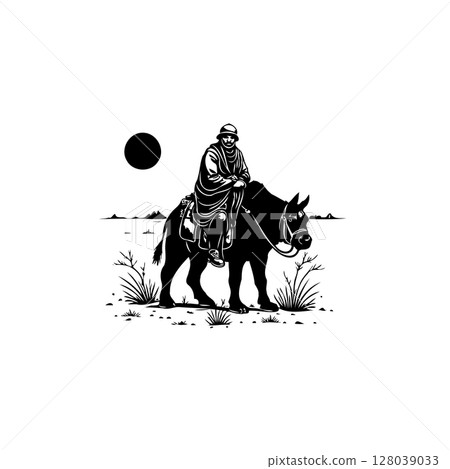 Monochrome portrayal of a man riding a donkey in a landscape setting graphic 128039033