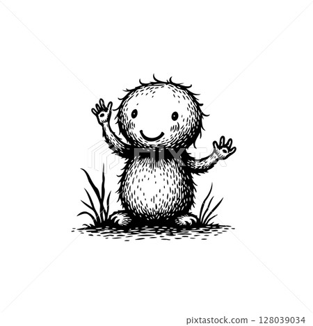 Cute cartoon monster illustration in black and white with happy expression Cute cartoon monster illustration in black and white with happy expression 128039034