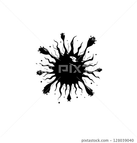 Abstract black ink blot resembling a virus or organic form on white background Abstract black ink blot resembling a virus or organic form on white background 128039040