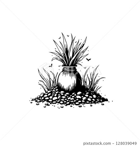 Minimalist black and white illustration of plant in pot surrounded by stones landscape Minimalist black and white illustration of plant in pot surrounded by stones landscape 128039049