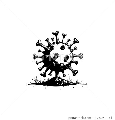 Black and White Graphic Illustration of a Virus or Germ with a Shadow 128039051
