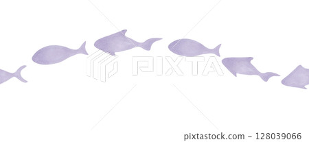Seamless border with school of fish. Watercolor illustration. Hand drawn isolated art. Ocean and sea underwater world drawing. Simple purple sea animals silhouettes for banner, background, packaging. Seamless border with school of fish. Watercolor illustration. Hand drawn isolated art. Ocean and sea underwater world drawing. Simple purple sea animals silhouettes for banner, background, packaging. 128039066
