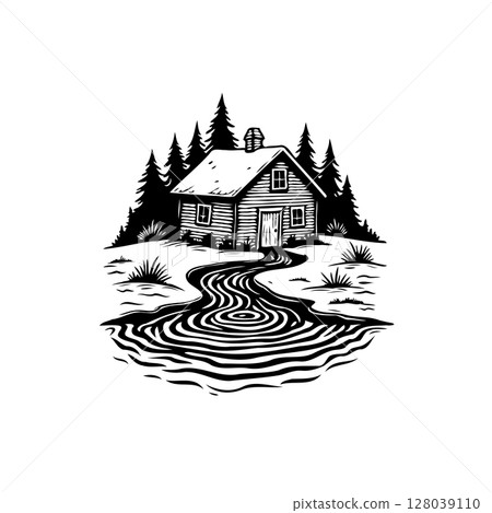 Charming cabin nestled amidst serene forest, reflected in rippling waters scene Charming cabin nestled amidst serene forest, reflected in rippling waters scene 128039110