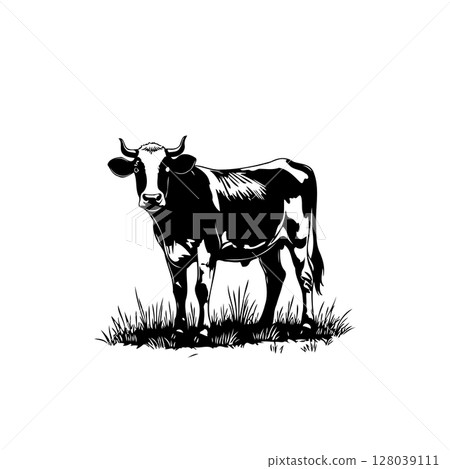 Monochrome vector illustration of a standing cow in grass, perfect for livestock visuals Monochrome vector illustration of a standing cow in grass, perfect for livestock visuals 128039111