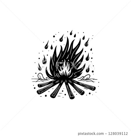 Cozy campfire illustration with falling raindrops or sparks in black and white Cozy campfire illustration with falling raindrops or sparks in black and white 128039112
