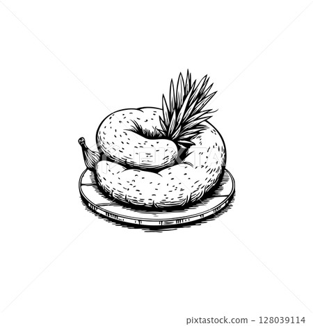 Hand-Drawn Illustration of Banana and Pineapple Resting on a Wooden Platform 128039114