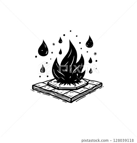 Stylized illustration of fire burning on a tiled surface with water droplets around Stylized illustration of fire burning on a tiled surface with water droplets around 128039118