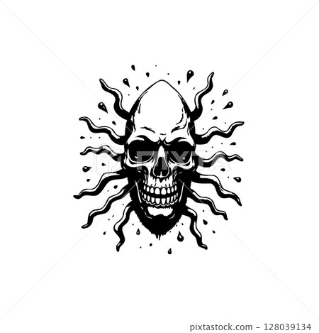 Monochrome Skull with Tentacles Vector Illustration for Halloween and Fantasy Designs 128039134