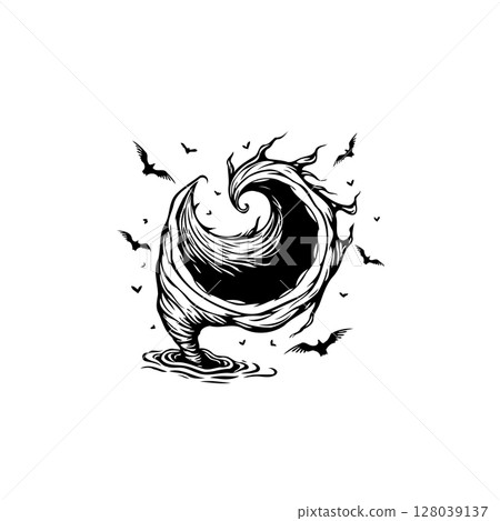 Abstract Tornado Illustration with Birds in Black and White Style, a Minimalist Graphic Abstract Tornado Illustration with Birds in Black and White Style, a Minimalist Graphic 128039137