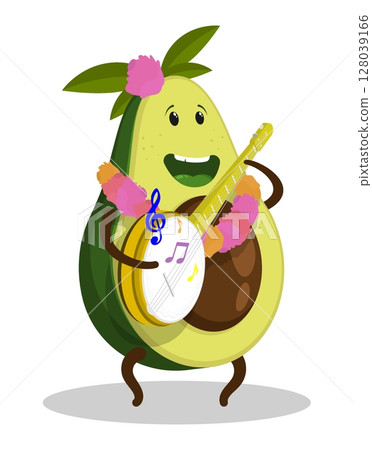 Cheerful avocado character bungee musician singer. Impromptu street concert. Cartoon vector isolated on white background 128039166