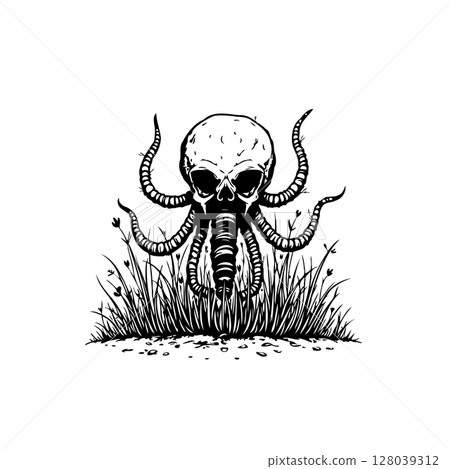 Surreal cephalopod skull illustration on grass in vintage engraving style Surreal cephalopod skull illustration on grass in vintage engraving style 128039312