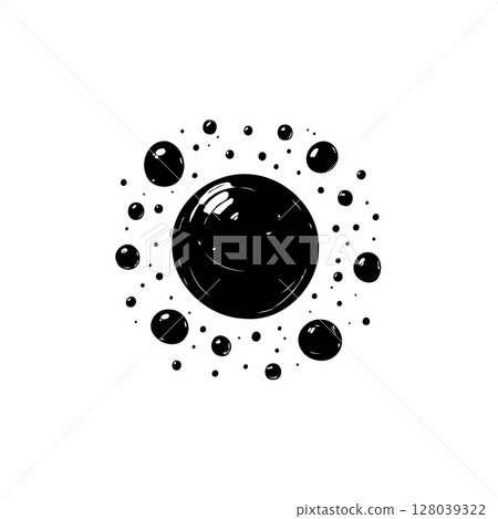 Abstract black sphere surrounded by droplets, creating a modern and minimalist design 128039322