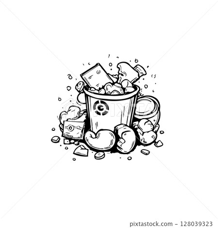 Illustration of overflowing trash can with various waste items in black and white Illustration of overflowing trash can with various waste items in black and white 128039323