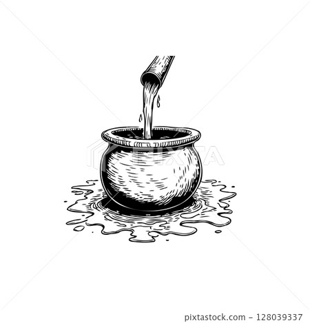 Monochrome illustration of liquid pouring into a cauldron with spillover effect 128039337