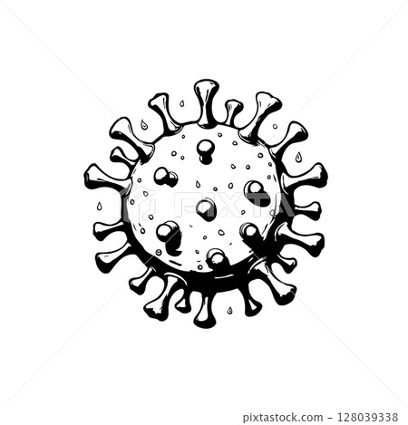 Detailed black and white sketch of a coronavirus molecule depicting its structure 128039338