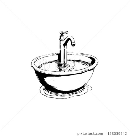 Simple hand-drawn illustration of a basin with a water faucet in black and white 128039342