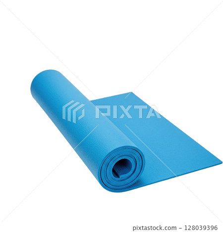 Vibrant blue rolled yoga mat with a textured surface, ready for effective exercise and fitness Vibrant blue rolled yoga mat with a textured surface, ready for effective exercise and fitness 128039396